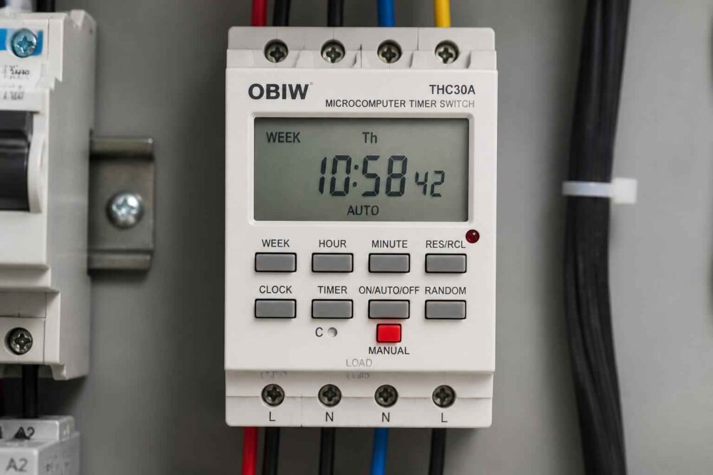 Cyfrowy programator czasowy OBIW THC30A zamontowany w rozdzielnicy elektrycznej