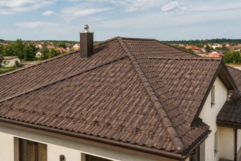 Brązowy dach domu pokryty dachówką ceramiczną z kominem, na tle podmiejskiej zabudowy