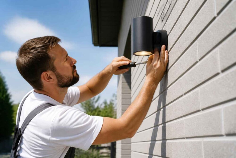Instalacja czarnej lampy na elewacji Mężczyzna przykręca czarną lampę elewacyjną do jasnej ściany domu