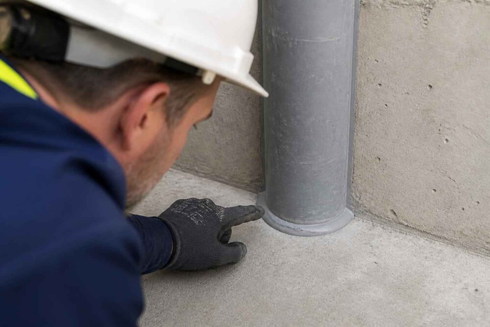 Pracownik w kasku sprawdza połączenie szarej rury z betonowym podłożem