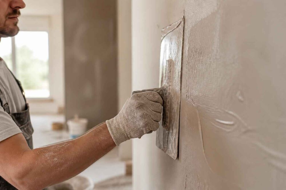 Fachowiec nakłada gładź na wewnętrzną ścianę za pomocą pacy