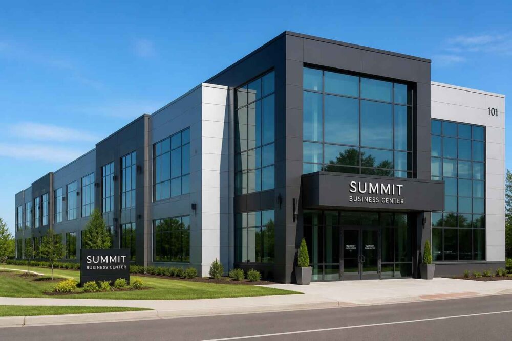 Nowoczesny biurowiec Summit Business Center z przeszkloną fasadą i wejściem od strony ulicy