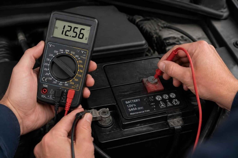 Multimetr wskazuje 12,56 V podczas pomiaru napięcia akumulatora samochodowego