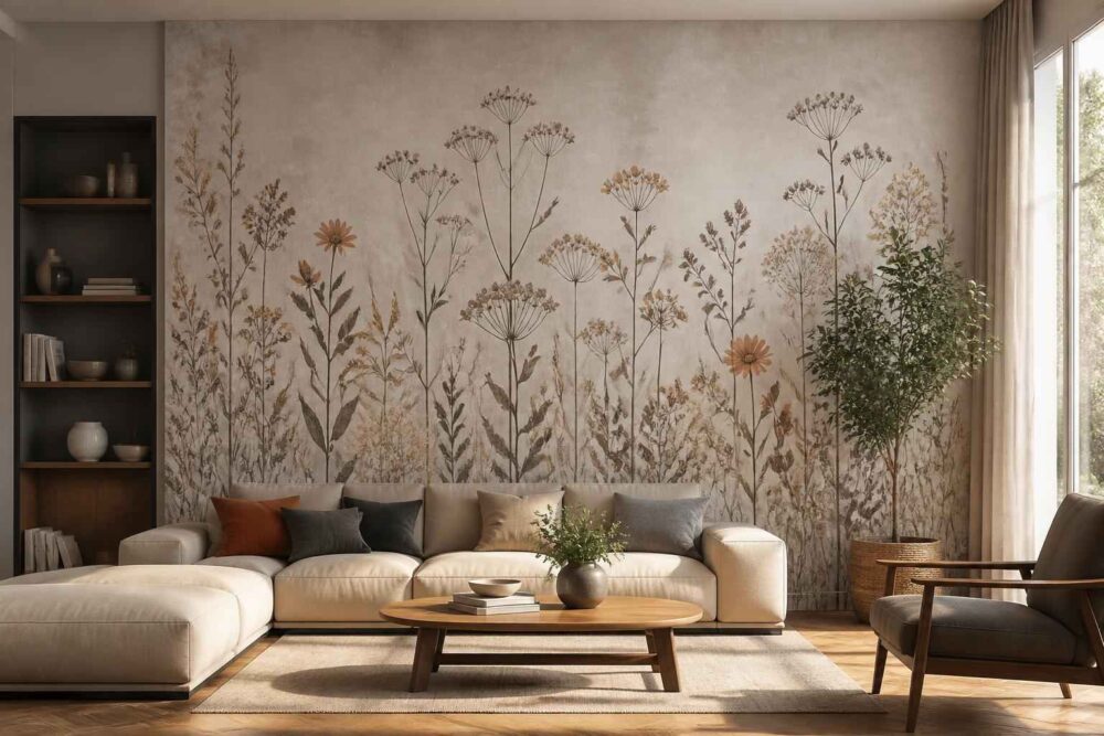 Jasny salon z kremową sofą, drewnianym stolikiem i botaniczną fototapetą na ścianie