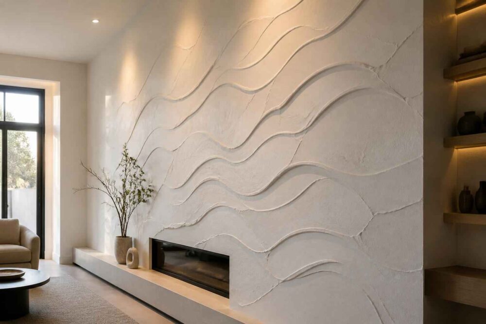 Jasny salon z kominkiem, falistą dekoracją ściany, sofą i drewnianymi półkami z ceramiką