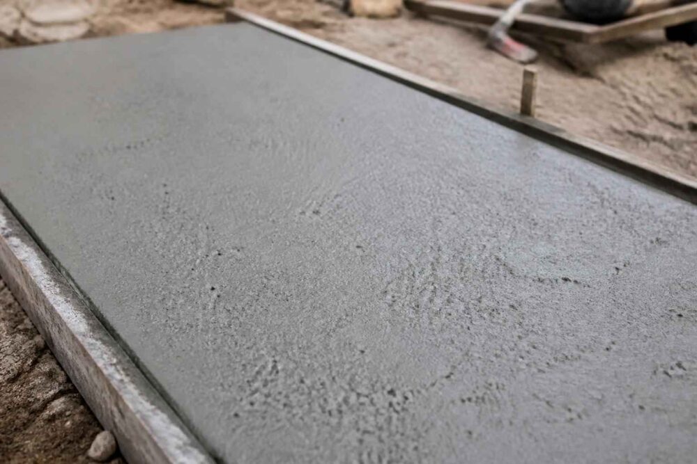 Gładka powierzchnia świeżo wylanego betonu w prostokątnej drewnianej formie