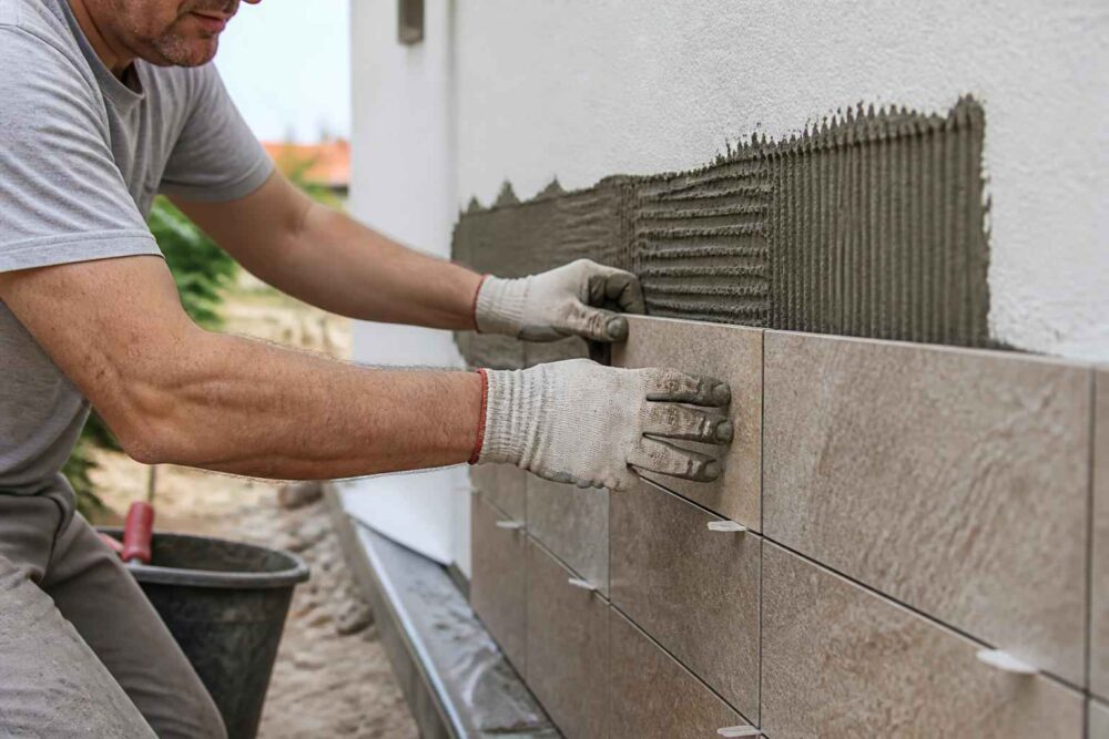 Fachowiec w rękawicach przykleja płytki na elewacji budynku