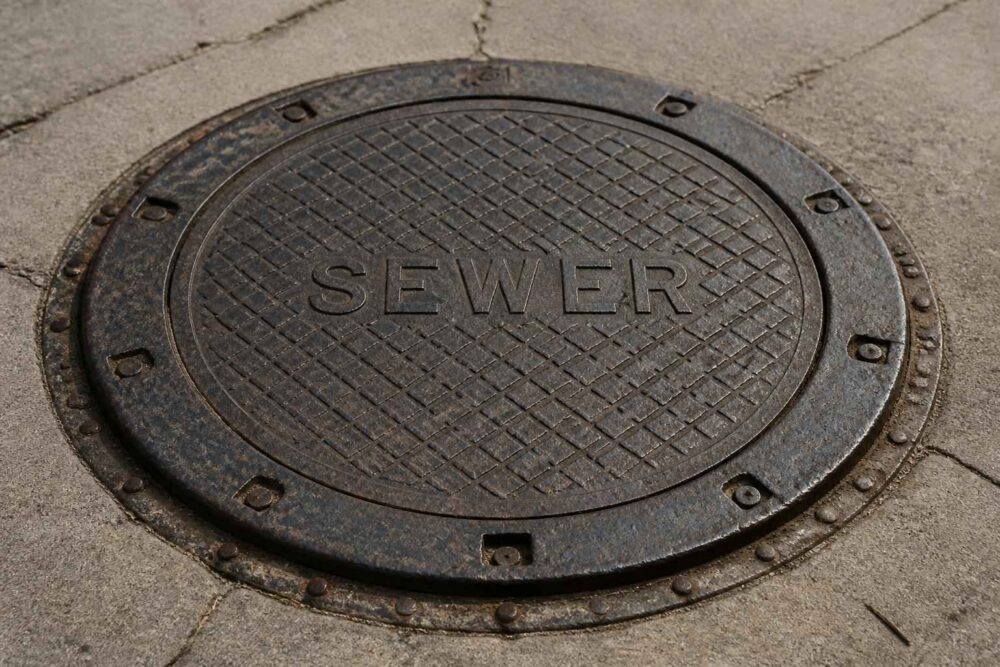 Okrągła żeliwna pokrywa kanalizacyjna z napisem SEWER na betonowej nawierzchni
